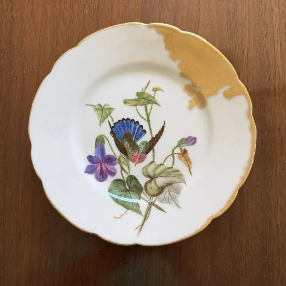 Antique H & Co Limoges Hand Painted Hummingbird Blue Green 7 3/4” Gold Edge